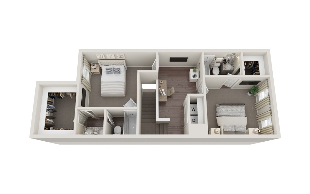 E - 2 bedroom floorplan layout with 2.5 baths and 1255 square feet. (Floor 2)