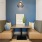 bench seating with a table and a blue wall