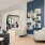seating with a bookshelf and blue wall