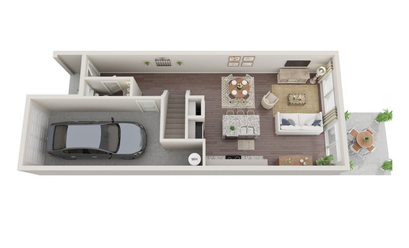 E - 2 bedroom floorplan layout with 2.5 bathrooms and 1255 square feet